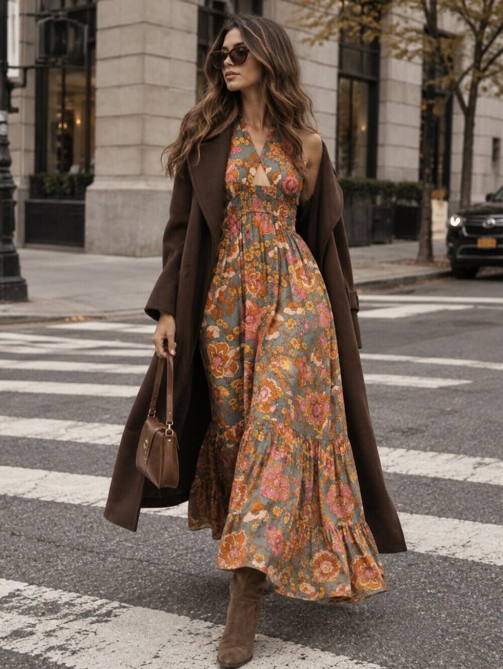 ZESICA Retro Floral Halter Maxi Dress Boho 70s Backless M